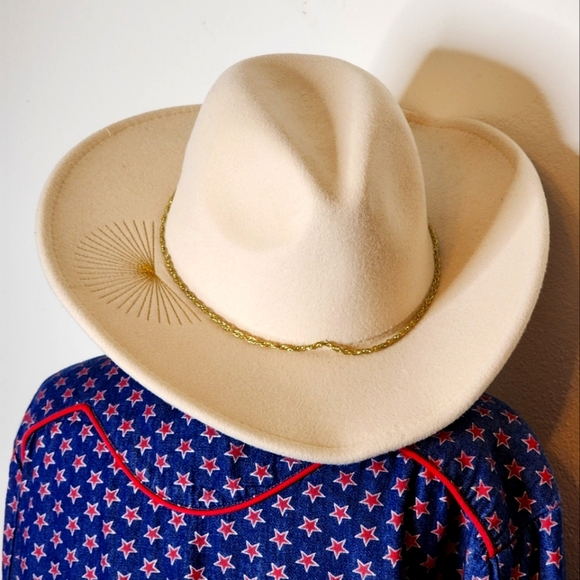 LAST ONE Womens Cream Felt Rodeo Cowboy Hat One Size Drawstring Hat Band Sunrise - Picture 1 of 7